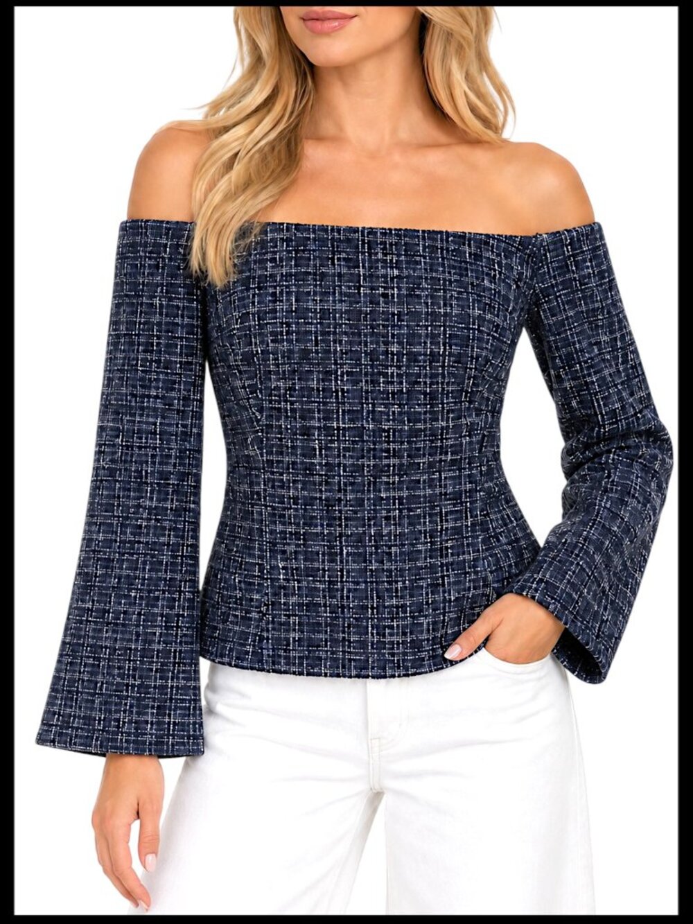 Zara Navy Blue White Off Shoulder Bell Sleeve Top XS